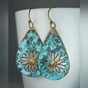 HAND CRAFTED Artisan Brass Turquoise Patina Flower Dangle Earrings